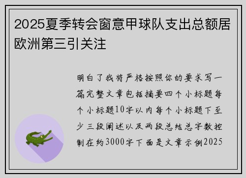 2025夏季转会窗意甲球队支出总额居欧洲第三引关注